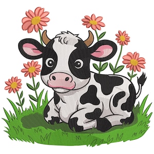 Puede incluir: Ilustración de dibujos animados de una vaca en blanco y negro tumbada en hierba verde, rodeada de flores rosas con centros amarillos. La vaca tiene grandes ojos, una nariz rosa y pequeños cuernos marrones. Imagen alegre y caprichosa.