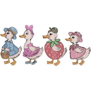 Dressed-Up Ducks Embroidery Design: Vintage Animal Machine Embroidery Digital Digitize File, Instant Download