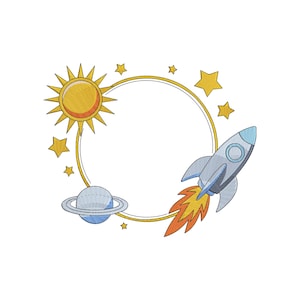 May include: An embroidered design featuring a yellow sun, stars, and a planet with rings encircling a blank circle. A silver rocket with orange flames is also included in the design. The design is on a white background.