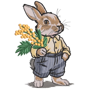 Gentleman Bunny with Flower Embroidery Design: Vintage Easter Rabbit Machine Embroidery File, Instant Download