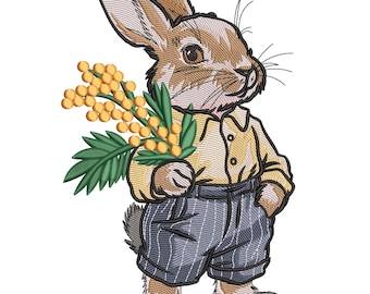 Gentleman Bunny with Flower Embroidery Design: Vintage Easter Rabbit Machine Embroidery File, Instant Download