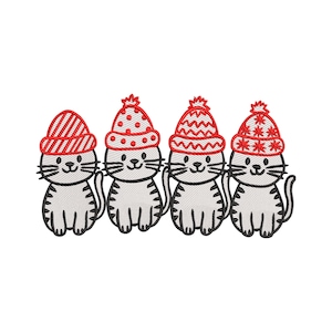 May include: Four embroidered cat designs, each wearing a red and white winter hat. The cats have grey and black striped bodies, black whiskers, and are smiling. The hats have different patterns.