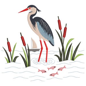 Heron in Wetlands Embroidery Design, Elegant Blue Heron Embroidery File,  Majestic Water Bird Machine Embroidery File PES, EMB, HUS, Cnd