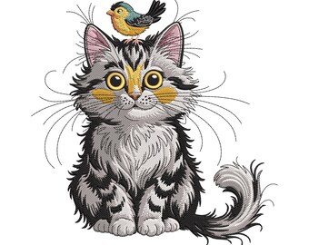 Cat with Bird Embroidery Design, Whimsical Kitty Machine Embroidery File, Instant Download