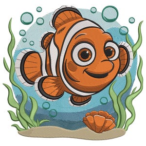 May include: A cartoon illustration of an orange clownfish with white stripes and black outlines. The fish is smiling and surrounded by green seaweed, bubbles, and a seashell on a sandy seabed. The background features blue water.