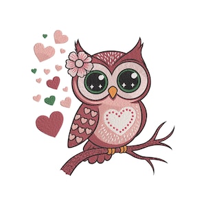 May include: Embroidered design of a pink owl with large eyes, perched on a branch. The owl has a heart-shaped chest and is adorned with a flower and hearts. The color palette includes shades of pink, green, and red, creating a whimsical and charming aesthetic.