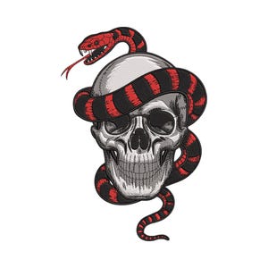 May include: A detailed illustration of a skull with a snake wrapped around it. The skull is gray with black shading, and the snake is red and black. The snake's tongue is extended. The image is on a white background.