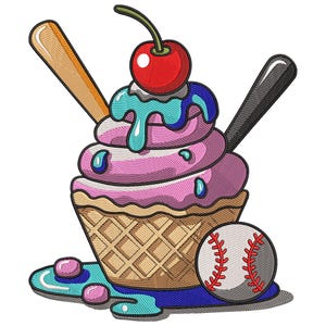Baseball Sundae Embroidery Design, Machine Embroidery Design, Ice Cream Dessert Embroidery File, Sundae Embroidery File, Cup Ice cream