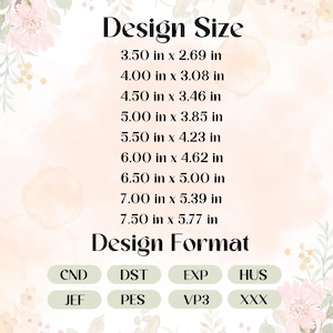 Op de afbeelding: Een digitale ontwerpgroottetabel met afmetingen in centimeters, vari&euml;rend van 8,89 cm x 6,83 cm tot 19,05 cm x 14,66 cm. Bevat ontwerpformaten zoals CND, DST, EXP, HUS, JEF, PES, VP3 en XXX.