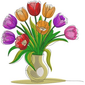 Colorful Tulip Bouquet in Vase Embroidery Design, Tulip Bouquet Machine Embroidery File, Flower Bouquet Embroidery File, Spring Embroidery