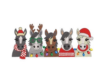 Christmas Horses Squad Embroidery Design, Animal Faces Machine Embroidery File, Instant Download