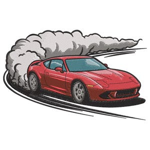 May include: Embroidered design of a red sports car drifting, with a cloud of smoke behind it. The car is depicted in motion on a black track, with a detailed stitch pattern. The car has silver wheels and a blue windshield.
