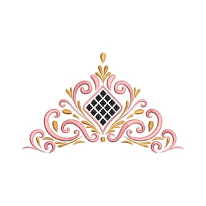May include: A pink and gold embroidered tiara design. The tiara features a central diamond shape with a black grid pattern, surrounded by pink swirls and gold accents. The design is symmetrical and ornate, perfect for embellishing apparel or accessories.