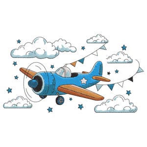 May include: A cartoon illustration of a blue airplane with orange wings and propeller, flying among white clouds and blue stars. A banner of blue, orange, and white flags hangs in the background. The plane has a white star on its side.