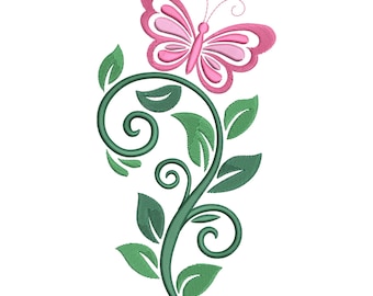 Pink Butterfly Floral Vine Embroidery Design, Butterfly Flower Machine Embroidery File, Instant Download