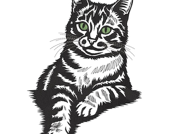 Disegno da ricamo realistico di un gatto soriano, file per ricamo a macchina di gatti neri, file per ricamo alla moda per gli amanti dei gatti, PES, CND, DGT, DST, EMB