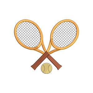 Peut inclure: Illustration de deux raquettes de tennis croisées avec des manches marron et une balle de tennis jaune. Les raquettes ont un cadre en bois brun clair et un filet noir. La balle de tennis est jaune avec des détails blancs.