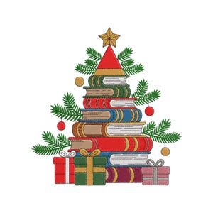 May include: A festive Christmas tree design made of stacked books, adorned with a gold star, ornaments, and presents. The books have red, green, and blue covers. The gifts are wrapped in red, green, and pink paper.