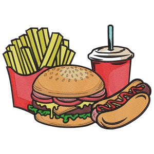 Broderidesign för snabbmatskombination, maskinbroderifil för hamburgare, det ultimata hamburgarbroderiet, broderifil för snabbmat, matälskare
