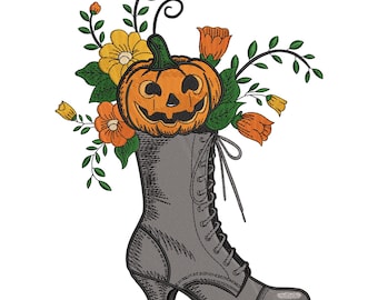 Pumpkin in Boot Embroidery Design, Halloween Floral Jack-O’-Lantern Machine Digital Embroidery File