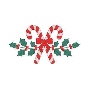 May include: A festive Christmas design featuring two crossed candy canes with red and white stripes, tied with a red bow. Green holly leaves with red berries frame the candy canes, creating a holiday-themed illustration.