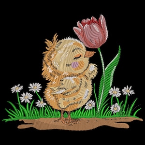 Spring Chick & Tulip Embroidery Design, ulip Bouquet Embroidery File, Flower Bouquet Embroidery File, Spring Embroidery Design