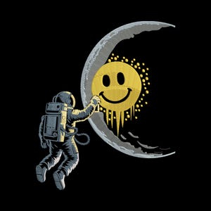 May include: An astronaut in a spacesuit is depicted in a black and white illustration, spray-painting a yellow smiley face onto a crescent moon. The smiley face has yellow dripping accents. The background is solid black.