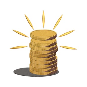 May include: A stack of gold coins with radiating golden lines, suggesting wealth or financial success. The coins are detailed with textured surfaces and a shadow beneath, set against a white background.