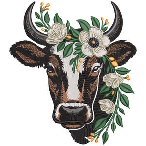 Floral Cow Head Embroidery Design: Boho Farmhouse Machine Embroidery Digital File (Instant Download)