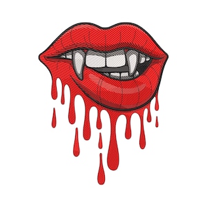 May include: A red, open mouth with sharp fangs, dripping with red liquid. The lips are detailed with a textured pattern, and the fangs are white. The image is a graphic illustration, perfect for Halloween or vampire-themed designs.