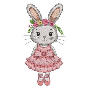 May include: Embroidered image of a grey bunny wearing a pink dress with a large bow and a floral crown. The bunny has long ears and whiskers, and is wearing pink ballet shoes. The design is detailed and whimsical.