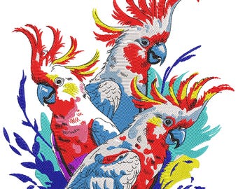Vibrant Cockatoo Embroidery Design, Machine Embroidery File, Birds Scene Embroidery File, Download Digital File, Cockatoo Embroidery File