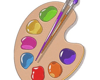 May include: A wooden artist's palette with various colors of paint, including green, yellow, pink, blue, red, orange, and purple. Two paintbrushes with brown and purple bristles rest on the palette, ready for use. The palette is a classic art supply.