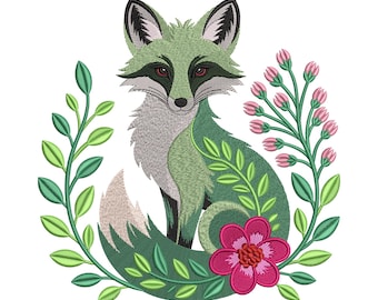 Floral Fox Embroidery Design, Woodland Fox Machine Embroidery File, Forest Animal Embroidery Pattern, Instant Download