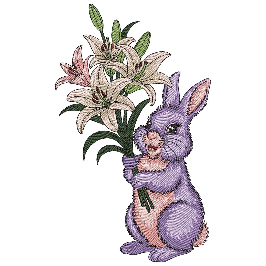 Purple Bunny With Lilies Embroidery Design, Easter Rabbit Embroidery ...