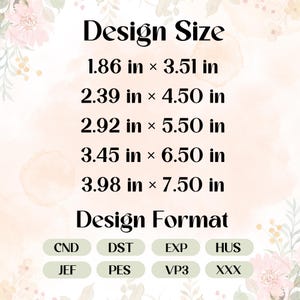 May include: An image with the text "Design Size" and several size options in inches, ranging from 1.86 x 3.51 inches to 3.98 x 7.50 inches. Below, the text "Design Format" is followed by various file type abbreviations.