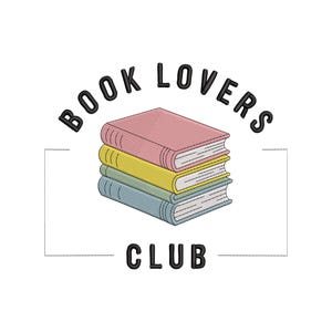 May include: A stack of three books in pink, yellow, and blue, with the text "BOOK LOVERS CLUB" in black, arched above and below the books. The books are in a line drawing style.