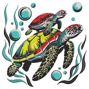 Puede incluir: Diseño bordado de dos tortugas marinas en un entorno acuático. La tortuga más grande tiene un caparazón amarillo y rojo, mientras que la más pequeña está encima, también con un caparazón rojo. También se incluyen burbujas y algas.