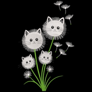 May include: An embroidered design featuring a whimsical arrangement of cat faces incorporated into dandelion-like flowers. The cat faces are white with black details, set against a black background. Green stems and leaves support the floral arrangement.