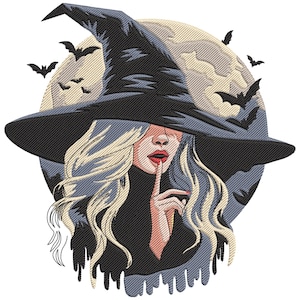 May include: Embroidered image of a witch with blonde hair, wearing a black witch hat and turtleneck. The witch has a finger to her lips. Bats fly in front of a full moon.
