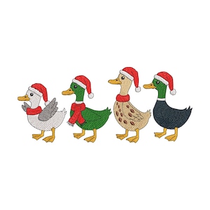 May include: Four embroidered ducks wearing Santa hats and red scarves. The ducks are in various colors, including white, green, tan, and navy blue. They have yellow beaks and feet. The image is on a white background.