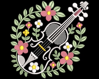 Floral Violin Embroidery Design, Music Instrument Violin Wreath Machine Embroidery File, Instant Download
