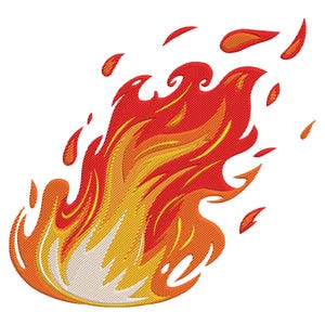 Peut inclure: Motif brodé d'une flamme stylisée aux tons de rouge, orange et jaune. La flamme a une base blanche et un aspect texturé, suggérant une création à base de tissu ou de fil. Le motif est posé sur un fond blanc uni.