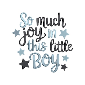 May include: White background with the phrase "So much joy in this little BOY" in a mix of blue and black script lettering. Several blue and black star shapes surround the text.