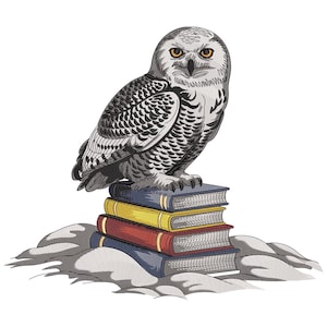 May include: A detailed illustration of a snowy owl perched atop a stack of books. The owl has intricate feather patterns in shades of gray and white, with piercing yellow eyes. The books are in various colors, including blue, yellow, and red.