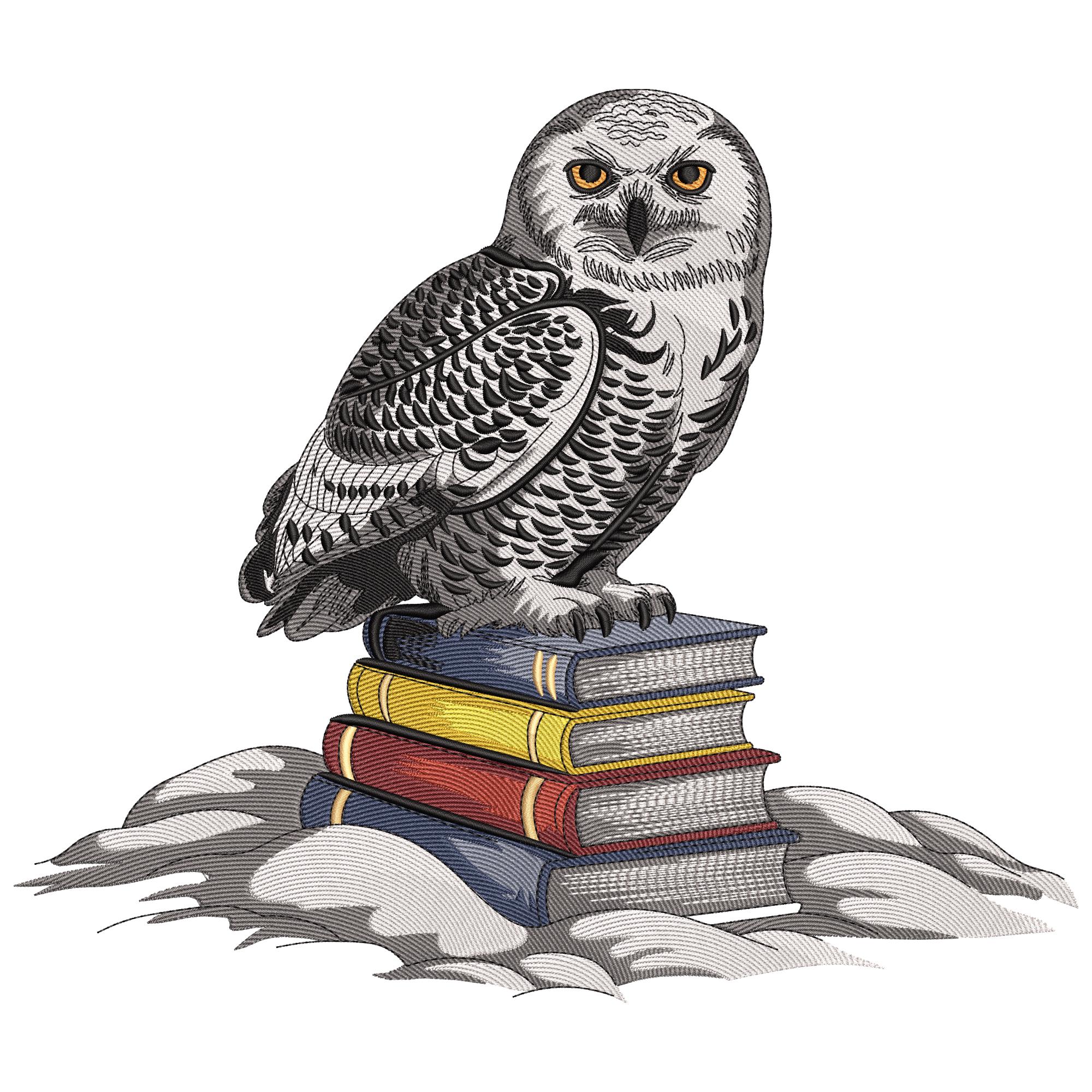 Snowy Owl on Books Embroidery Design: Stack of Book Winter Scholar Machine Embroidery File