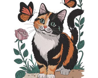 Calico Cat with Butterflies Embroidery Design, Cats and Butterfly Machine Embroidery File, Instant Download