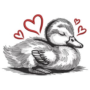 May include: A black and white embroidered duckling with closed eyes, resting peacefully. Three red hearts float above the duckling, suggesting affection. The design is detailed, with shading and texture to give a realistic appearance.