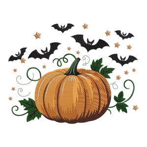Pumpkin with Bats Embroidery Design, Halloween Fall Harvest Machine Embroidery Digital File, Instant Download