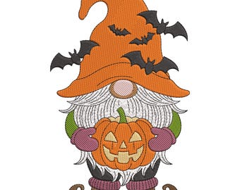 May include: A Halloween gnome with an orange hat adorned with black bats. The gnome has a white beard, green shirt, and holds an orange jack-o'-lantern. The gnome wears pink gloves and brown shoes with curled toes. A festive design.